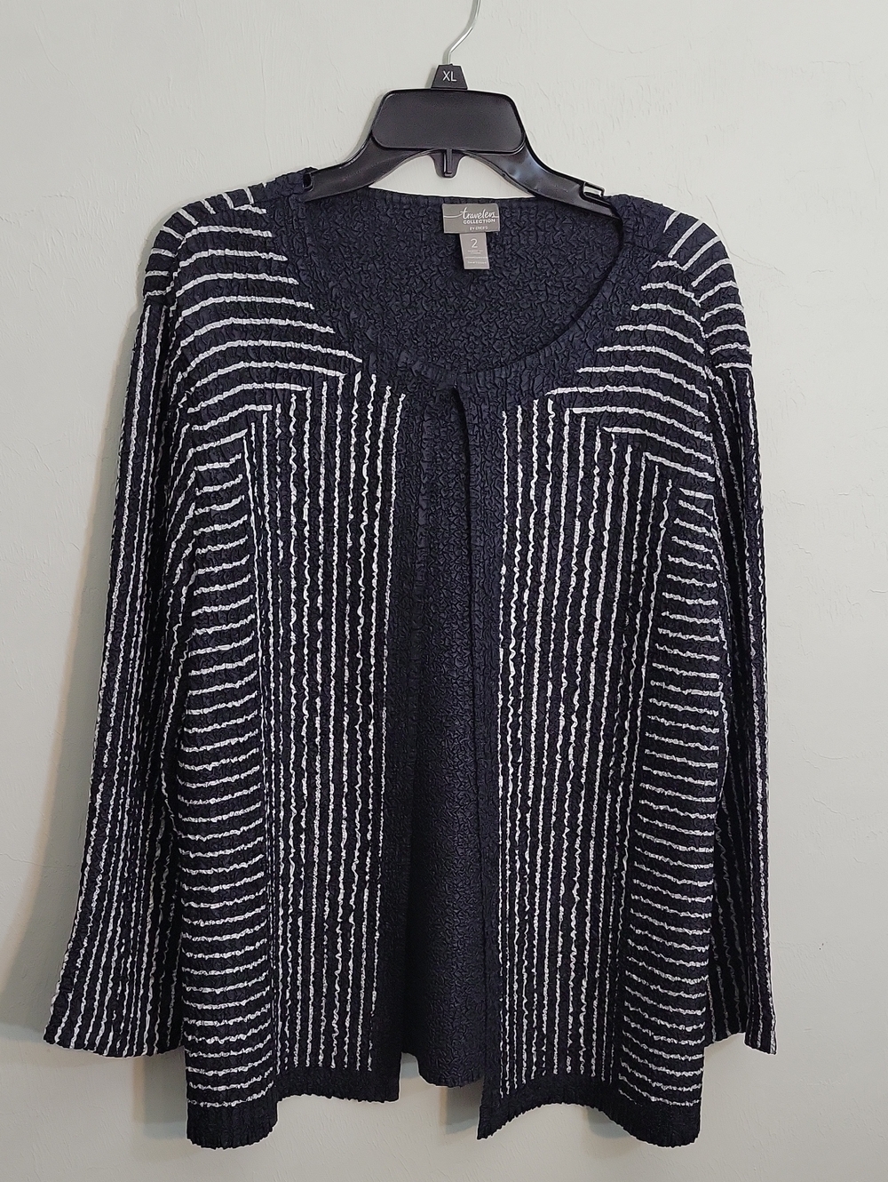 Chico's Navy and White Striped Open-Front Cardigan